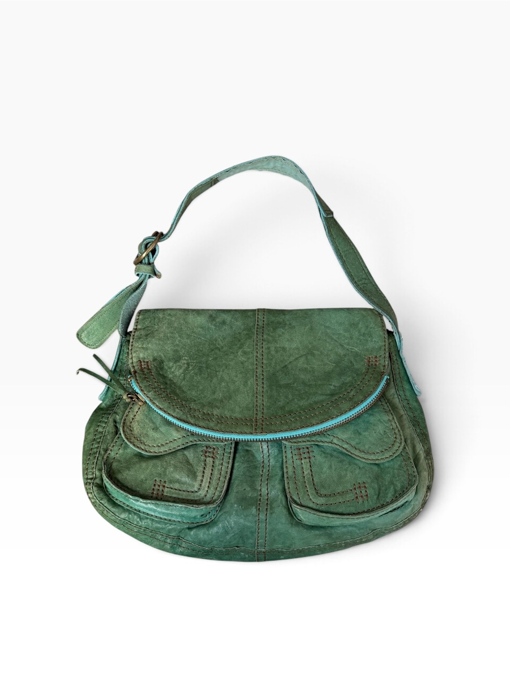 Lucky Brand Vintage Stash Italian Leather Flap Hobo Bag Turquoise